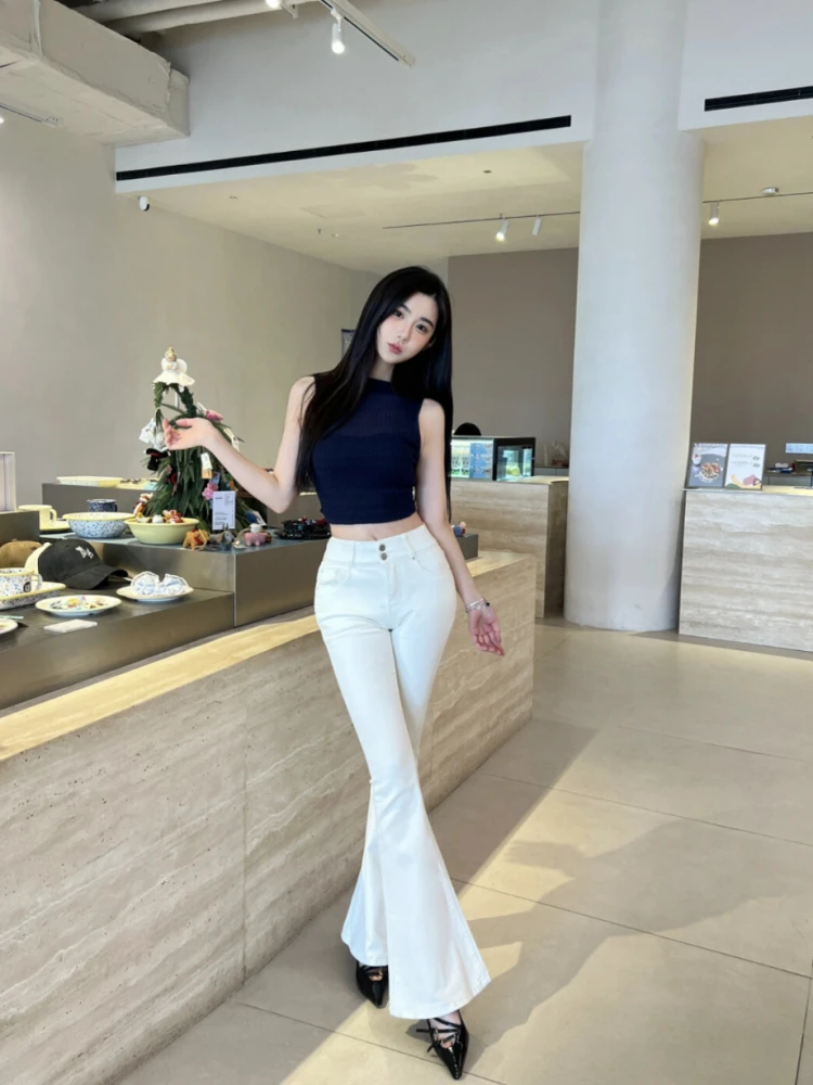 High Waist Bell Bot Jeans Women's plus Size Padded Cheeks Double Bule Casual Cotton Stretch Denim Spring Autumn Light Color