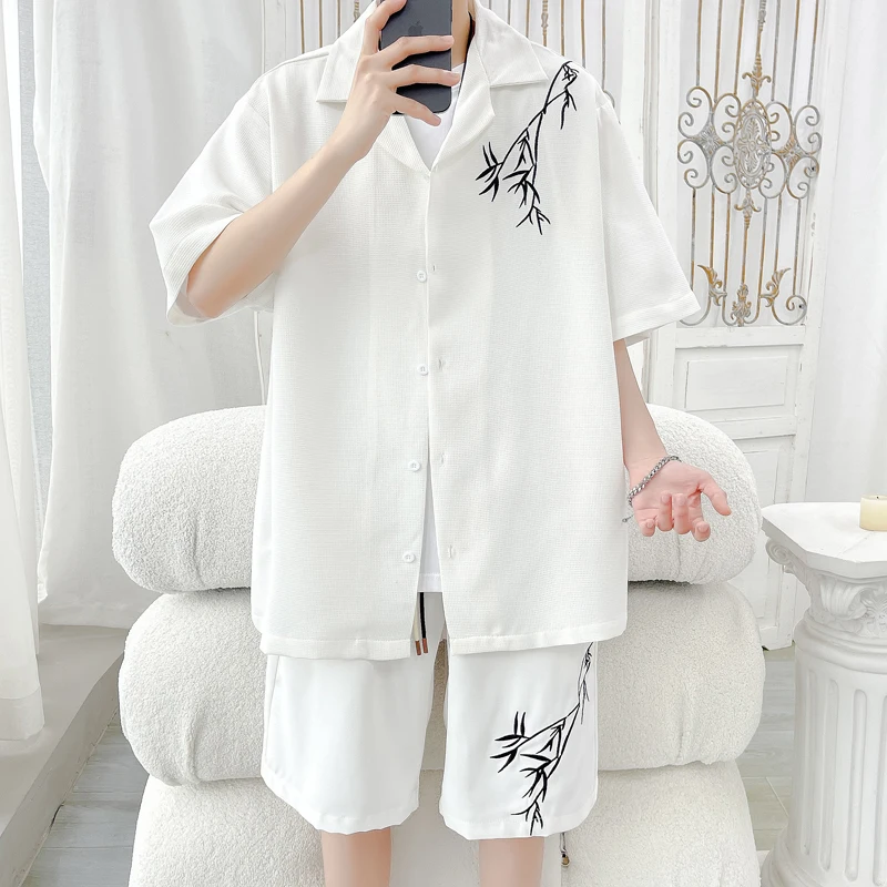 Summer Two-Piece Men Outfits Short Sleeve Shirt and Shorts Bamboo Embroidery Elegant Simple Clothes Casual Thin Oversized Sets