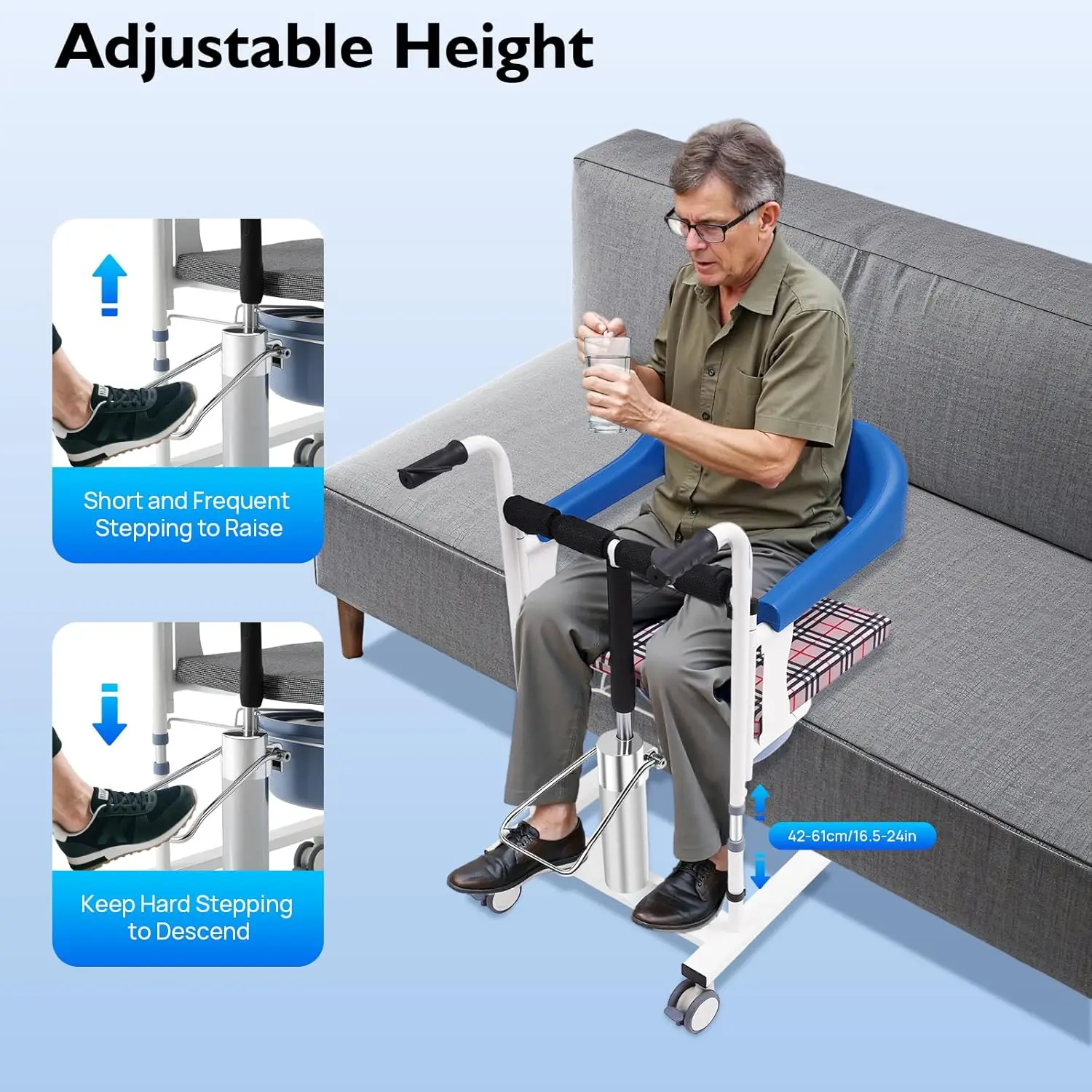 كرسي نقل رفع المريض لكراسي المسنين والمعاقين 180 ° مقعد منفصل، ارتفاع الرفع الهيدروليكي القابل للتعديل، 19.4 رطل