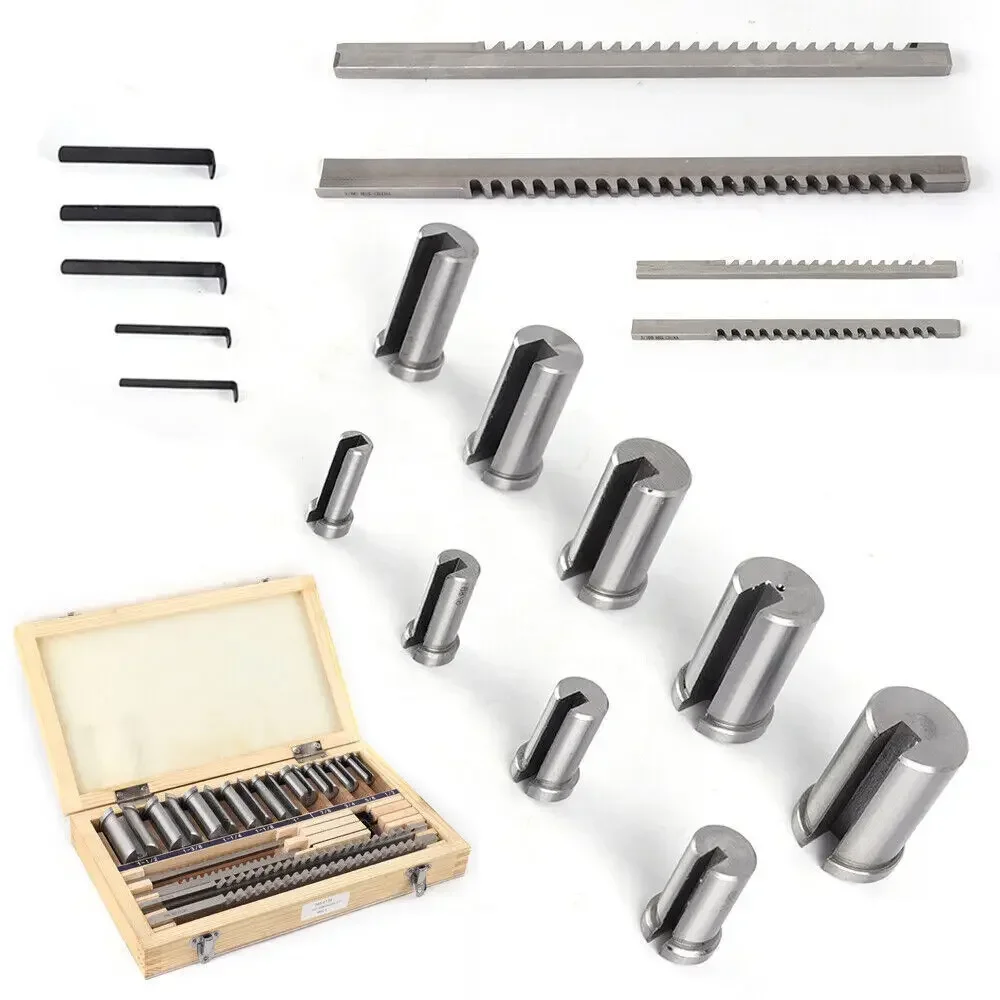 ​​Complete Keyway Broaching Kit 18 Pieces 1/8" 3/16" 1/4" 3/8" Broaches with Collared Bushings for Metalworking​​