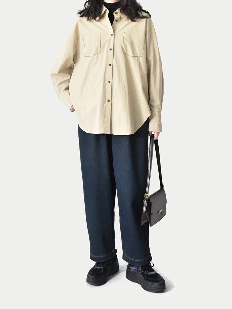 

Повседневная свободная длинная рубашка с воротником из хлопка для женщин, весенне-осенний топ с вышивкой, винтажный художественный стиль, цвет хаки