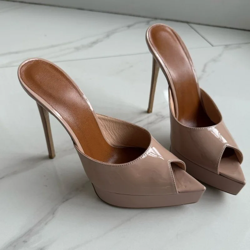 

Women's Patent Leather Platform Mules Stiletto Heel Peep Toe Slip-On ladies Backless Sandals Trendy Party