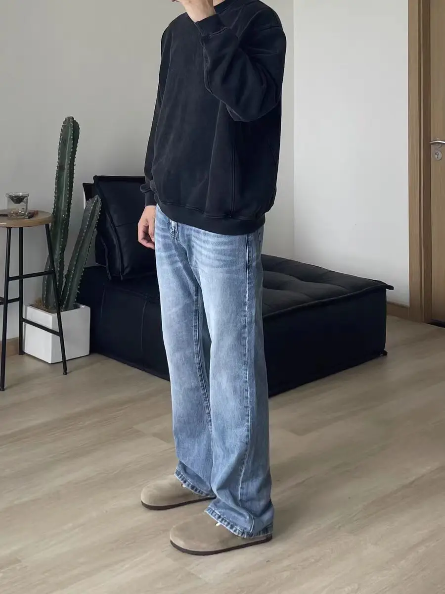Retro American Light Blue Washed Vintage 517 Style Flared Cleanfit Men's Jeans Basic Casual Straight Leg Jeans for Teens