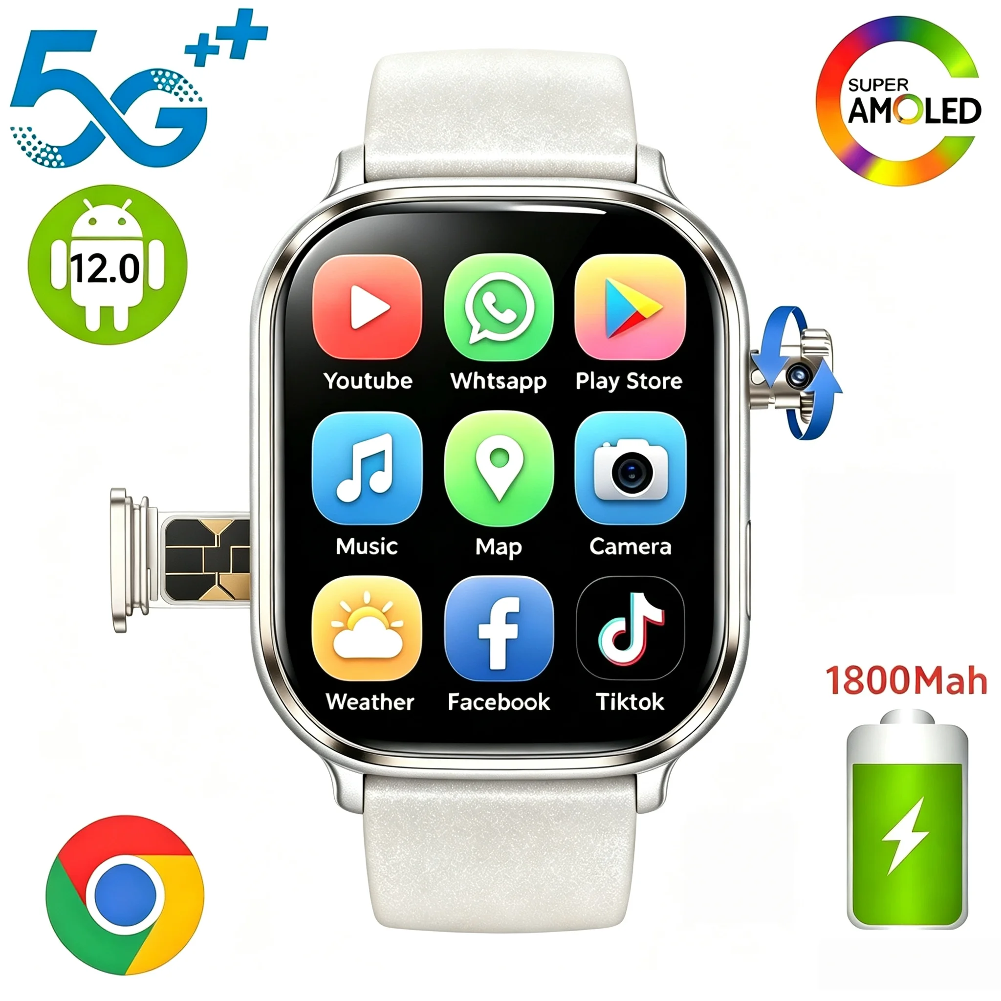 S12 Pro Smartwatch 2,29 Zoll Amoled 5G/4G LTE Android 12.0 Smartwatch für Männer und Frauen Mit 190 °   Drehbare Kamera GPS WIFI SIM-Kartensteckplatz