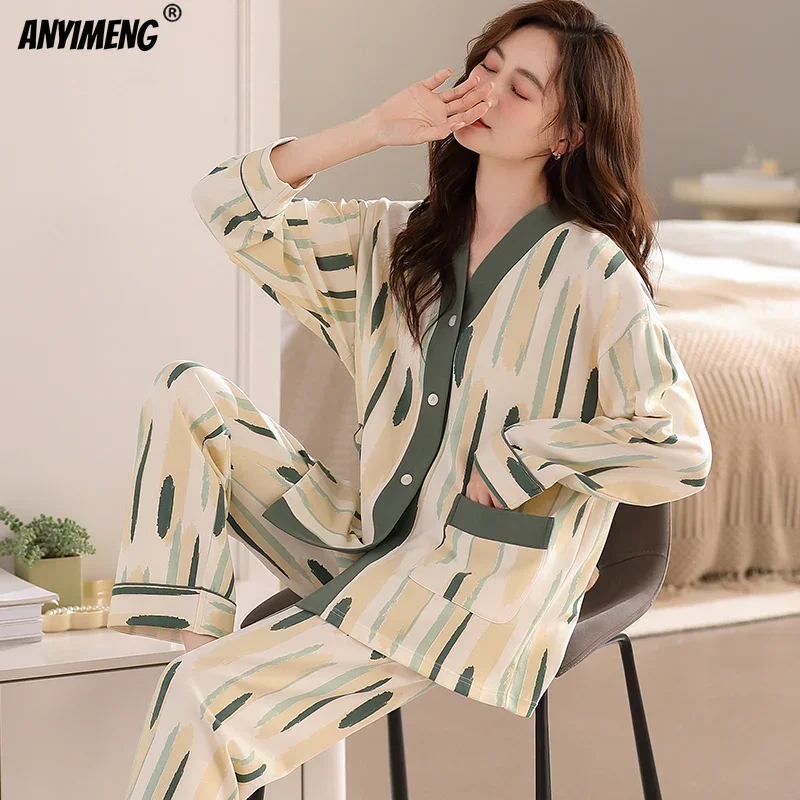 NEW Cotton Autumn Spring Kimono V-neck Women Pajamas Set Long Sleeves Woman Sleepwear Casual Lapel Homesuits Ins Floral Pijamas