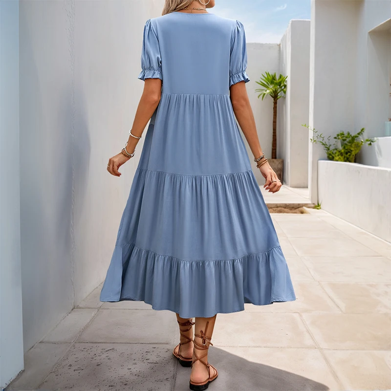 فستان نسائي أزرق فاتح برقبة على شكل V وأكمام قصيرة وأزرار أمامية متدرجة فستان صيفي كاجوال للحفلات بوهو بقصة ضيقة #2
