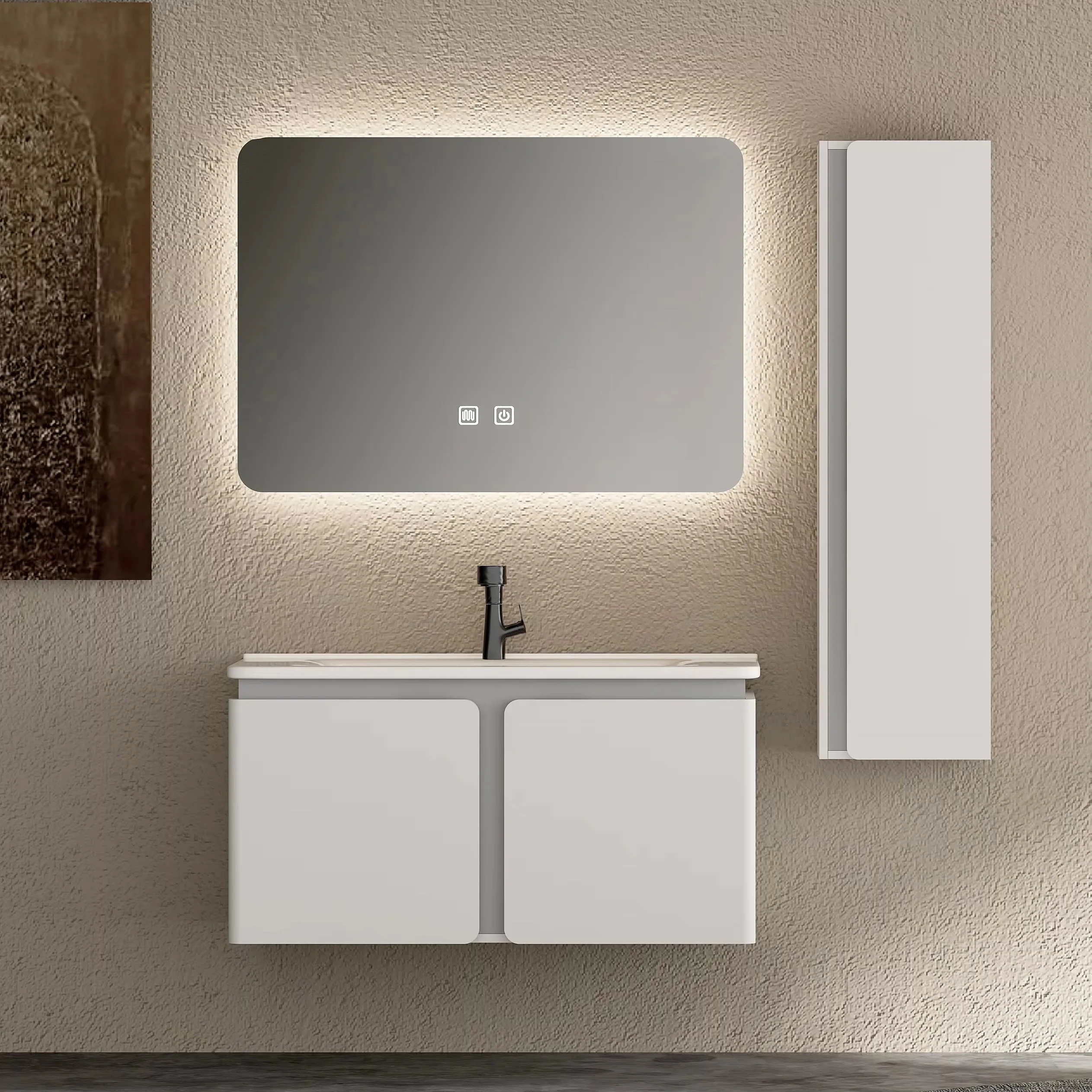 

klNew Design PVC Wall Mounted Double Door Storage Cabinet LED Smart Mirror Ceramic Wash Basin Wall Hung Bathroom Vanity&