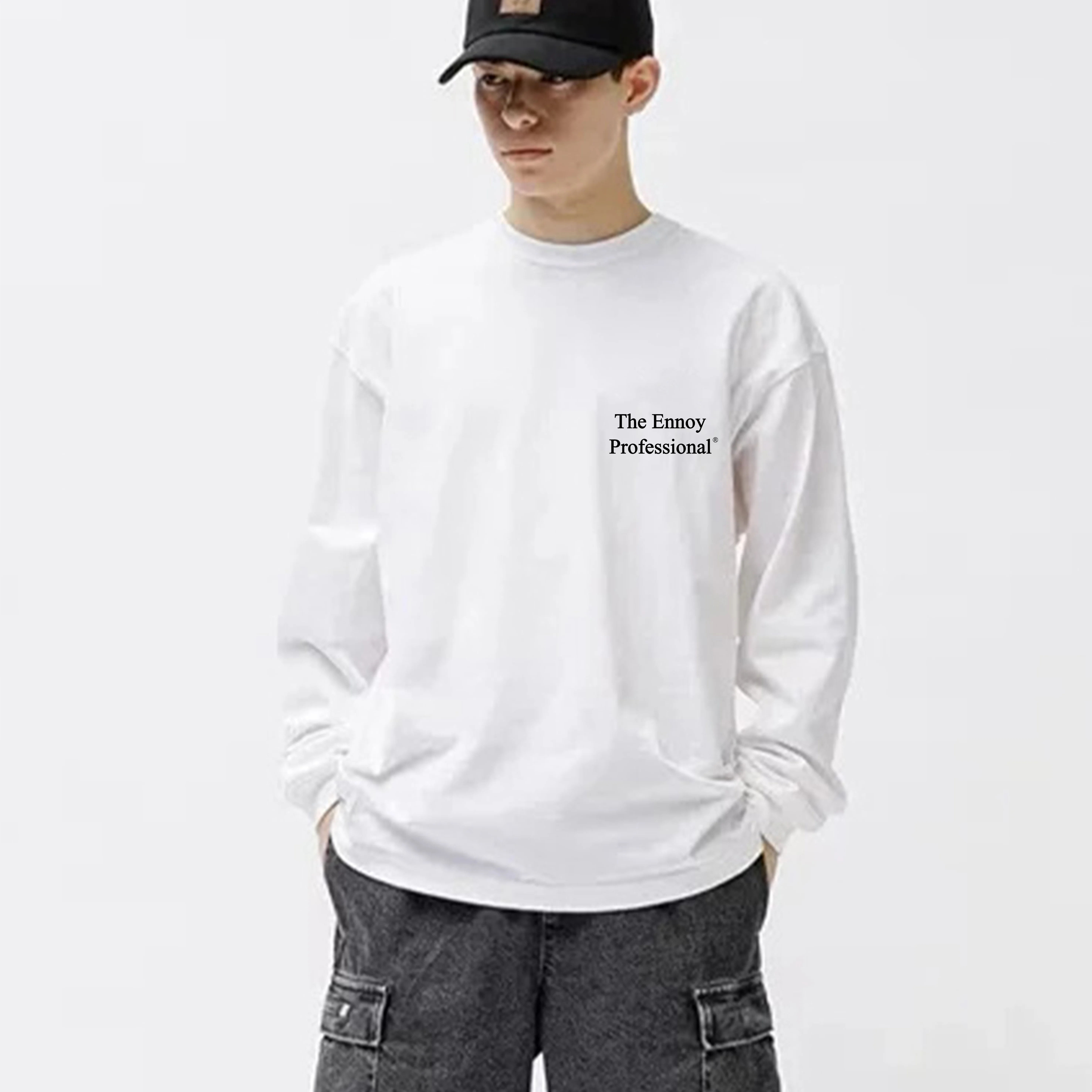 THE ENNOY PROFESSIONAL Letter Embroidery Japanese Retro Style  T-shirt Long Sleeved Men Women Unisex T-shirt Pullover