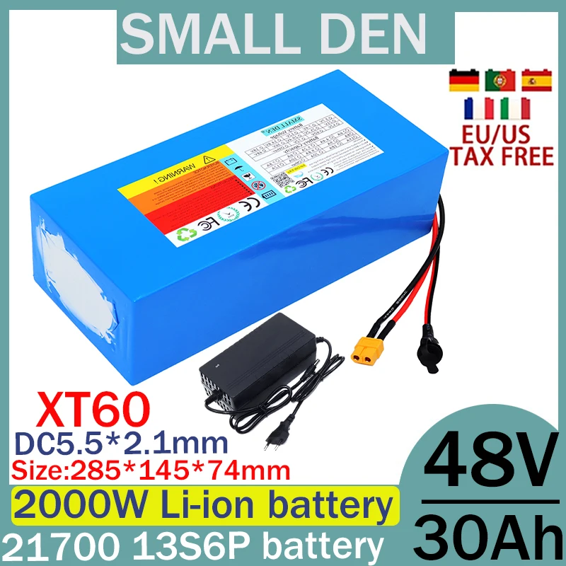 New 48V 30ah 21700 13S6P A-class lithium battery pack, 2000W high-power built-in BMS for various energy storage+2A 3A 5A charger