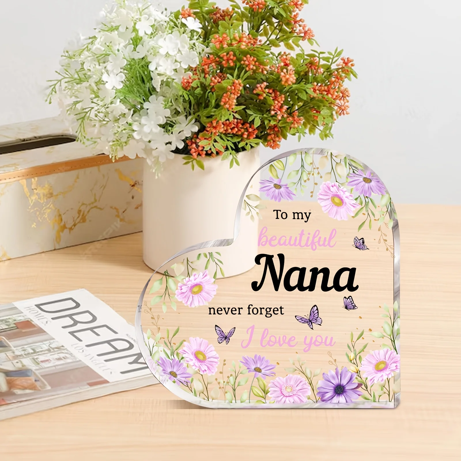 Watercolor Pink Purple Floral Butterfly Heart‑Shaped Acrylic Ornament, Sentimental Birthday Holiday Present for Nana