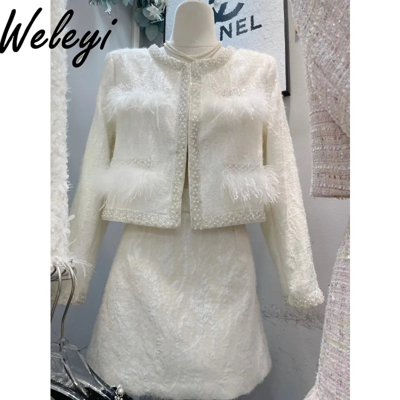 

Elegant Woman Skirts Full Sets Feather White Short Coat Women Autumn and Winter New High-end Pearl Sequines Cropped Jackets 2024