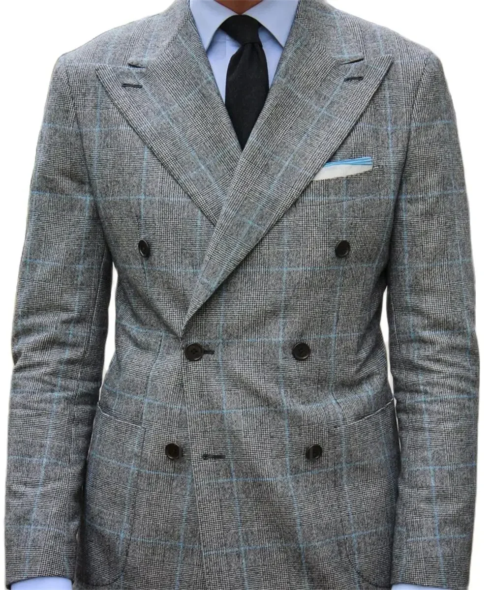 2024 Fashion Grey Plaid Suits Menโโs Wedding Groom Tuxedo Business Blazer Slim Fit 2 Piece Daily Jacket Pants Costume Homme