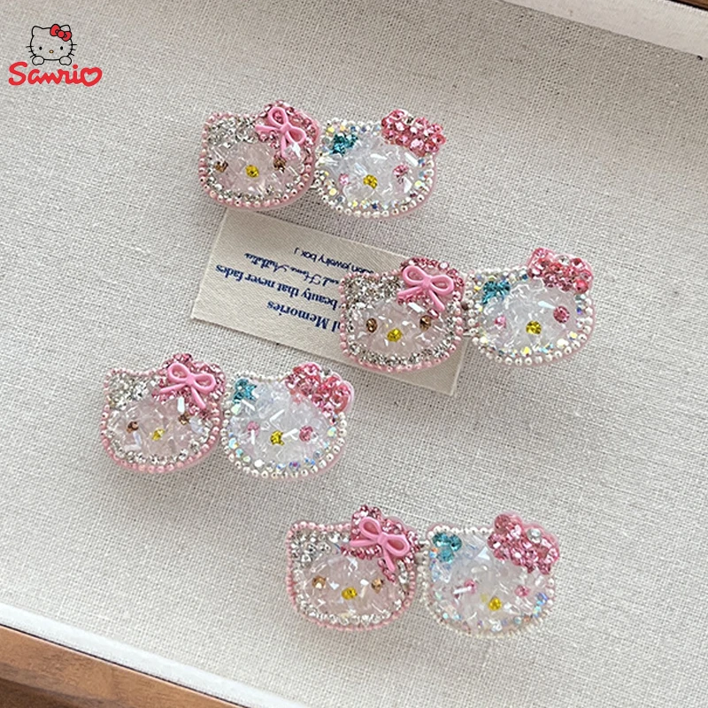 Sanrio Hello Kitty Hairpin Kawaii Cartoon Full Water Drill Side Hair Clip Double Headed Full Diamond Hair Accessories Girl Gifts