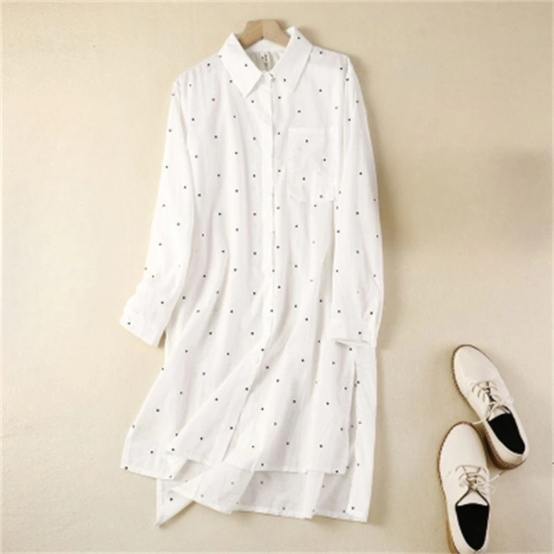 2026 Spring Japanese Style Cotton Linen Polka Dot Shirt Dress Women Long Sleeve Mid Length Cardigan Elegant Lady Robes