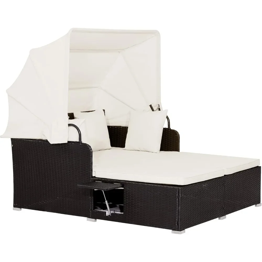 Garden Furniture Sets, Outdoor PE Rattan Lounge Daybed with Retractable Canopy & 2 Folding Side Trays, Patio Furniture Set