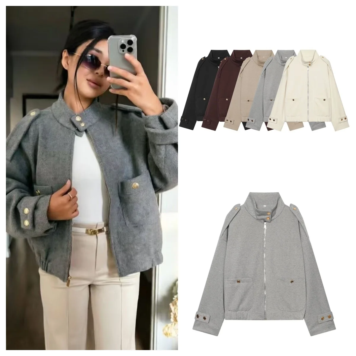 Guobioziy zippered pocket short jacket coat casual style with stand collar and long sleeves 2026 autumn casual fashion coat