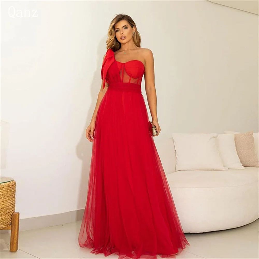 

Qanz Simple Red One Shoulder Evening Dresses Tulle Long A Line Vestido De Festa Backless Floor Length Plus Size Formal Occasion