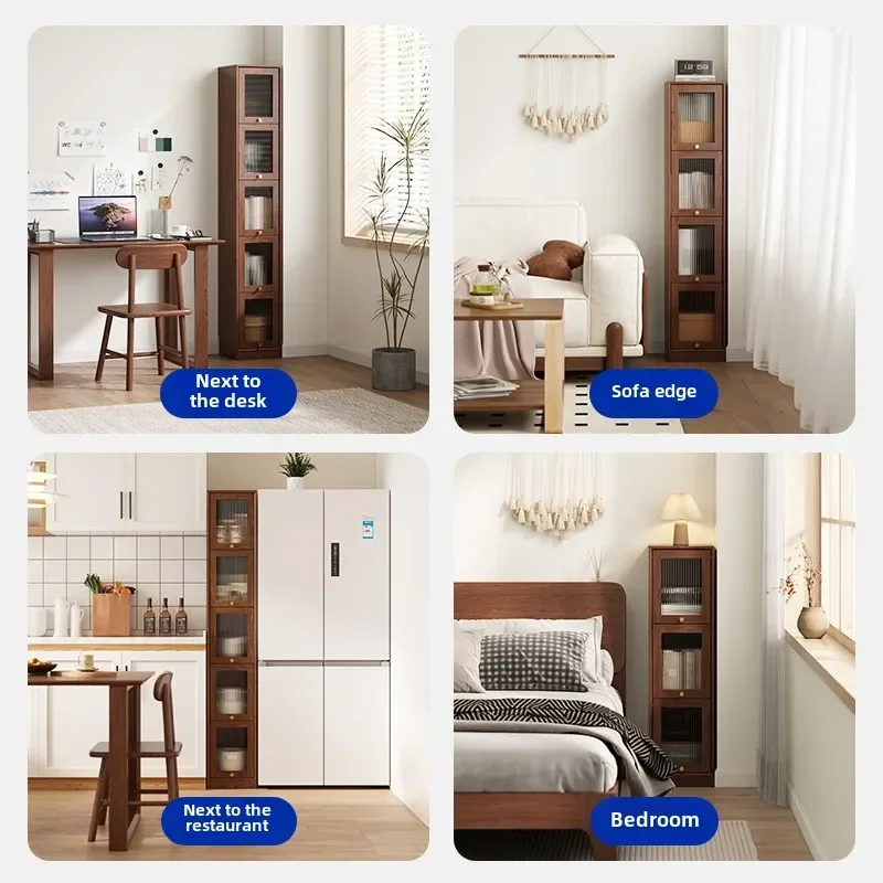 Solid wood bookshelf simple floor narrow cabinet crevice shelf study home living room dust with door