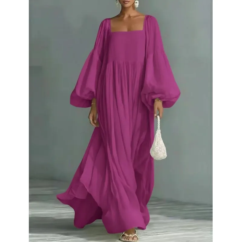 Böhmisches Elegantes Fließendes Maxikleid Damen Quadratischer Ausschnitt Laternenärmel Hohe Taille Große Größen Lange Kleider Lockere Partykleider 2026