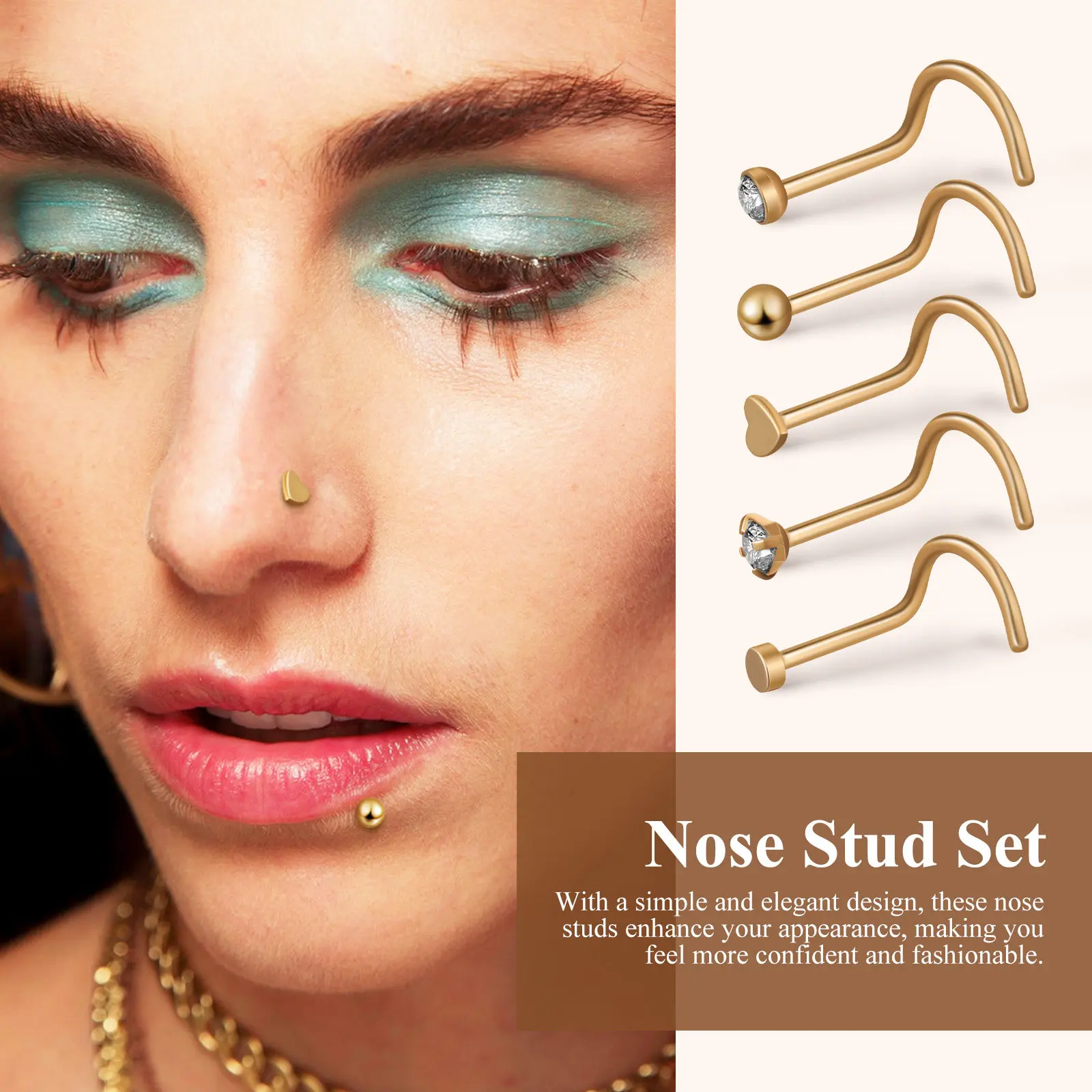 5Pcs Nose Studs Jewelry Set Corkscrew Nose Rings Heart Design Smooth Comfort Fit Easy Insert Remove Daily Wedding