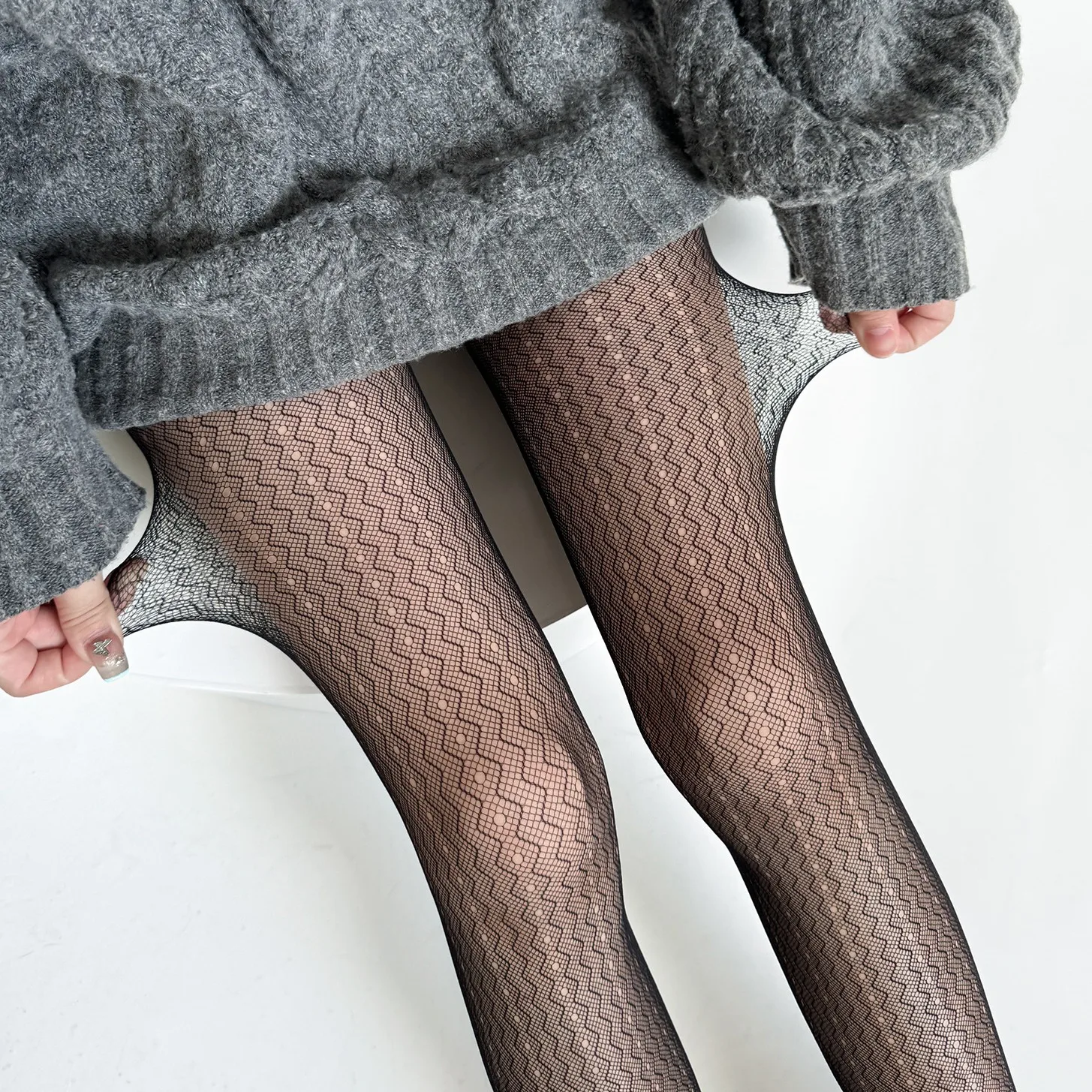 

Fashion Wave Pattern Vertical Striped Lolita Pantyhose Mesh High Elastic Cutout Dot Spice Sexy Show Thin Brown Ancora Tights