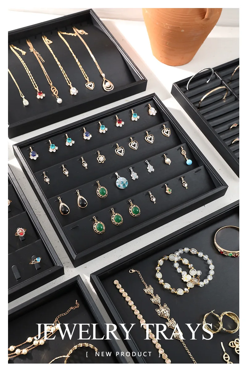 

Черный лоток для демонстрации ювелирных изделий из искусственной кожи для стойки ящика, кулон, серьги, ожерелье, кольцо, органайзер, держатель для браслета, витрина для хранения