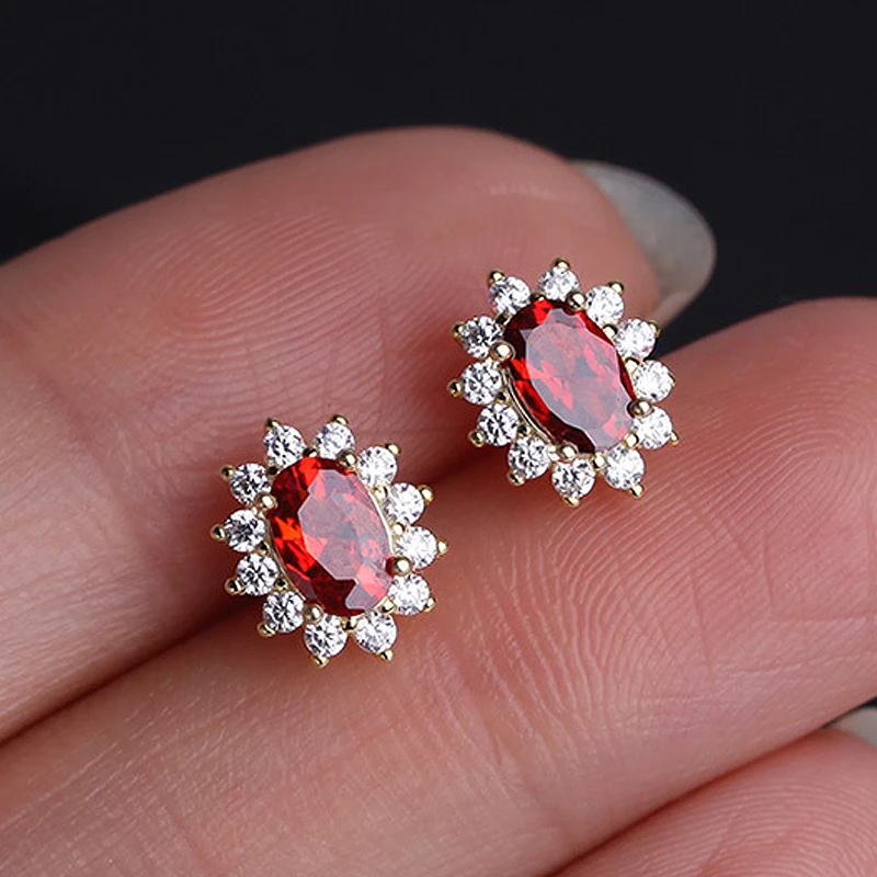 925 Sterling Silver 18K Gold Plated Ruby Color Stud Earrings Garnet Red Cubic Zirconia Retro Elegant Earrings for Women