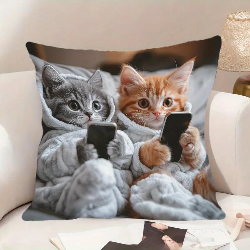 VIKAMA Fun Mobile Phone Cat Pillow Cover Sofa Bedroom Decor Cushion Cover Cat Lovers Gift Home Decoration