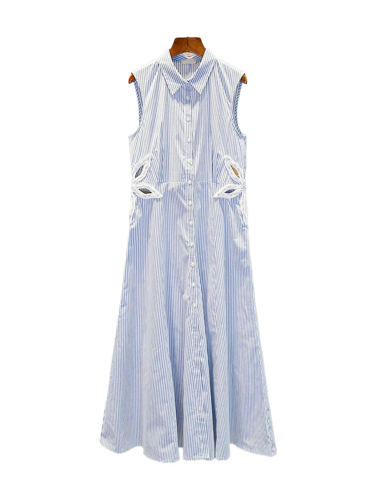 S Home Nan You Design estivo da donna di fascia alta Gilet a righe con perline scavate Dr Gonna lunga semplice a vita alta Dr