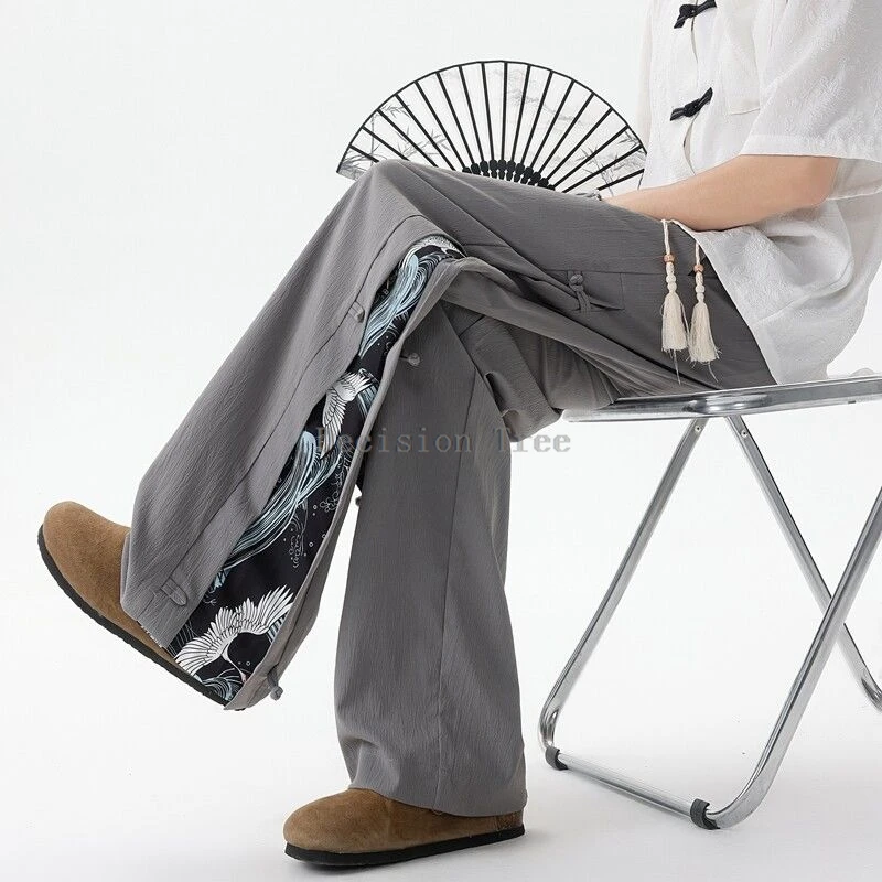 Plue Size Chinese-style Buckle Split Pants Summer Men Spliced Ice Silk Pant Wushu Drawstring Waist Pants Vintage Casual Trousers