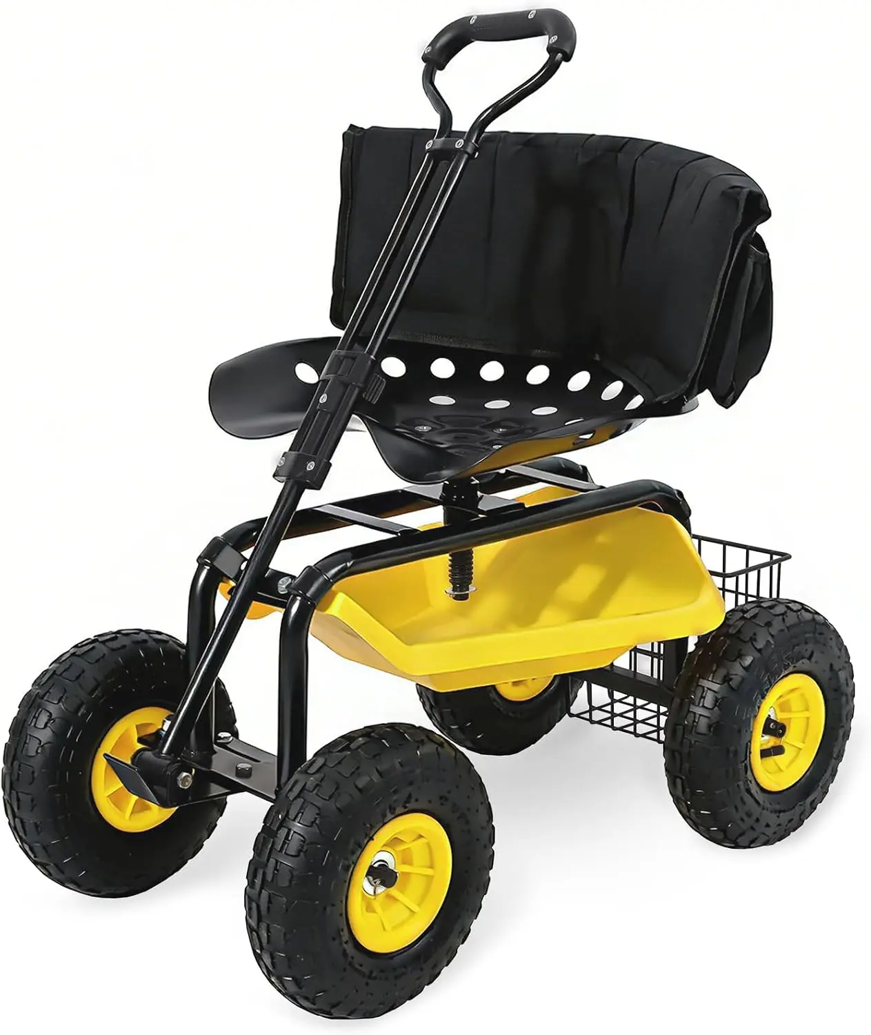 Garden Cart Rolling Workseat with Backsupport & 360° Swivel Seat, Heavy Duty Garden Scooter with Adjustable Height, Tool Tray
