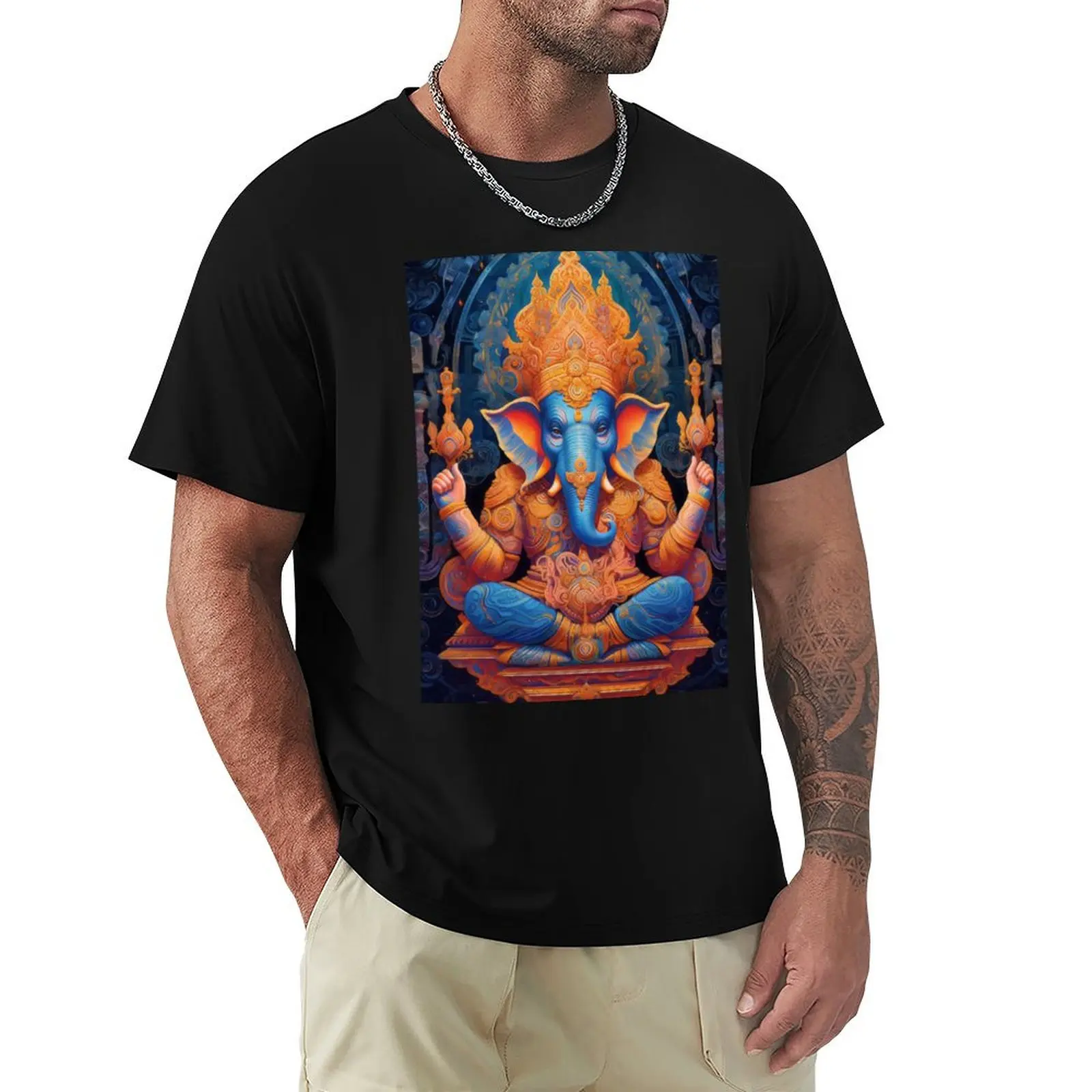 Divine Vigor: Geometric Digital Painting of Ganesh Art Print T-Shirt blacks plus sizes plus size tops vintage t shirt men