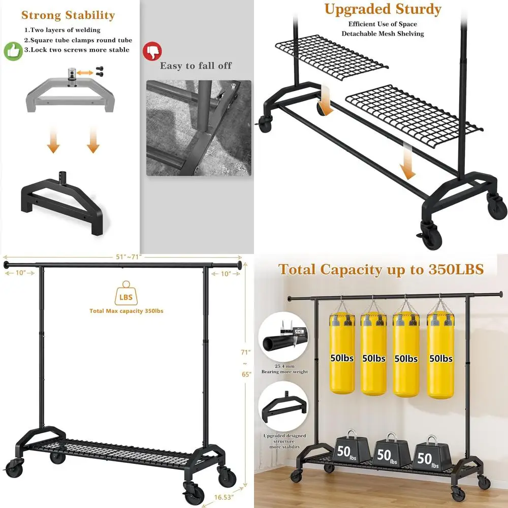 

Adjustable Heavy-Duty Rolling Garment Rack, 350lbs Capacity, 51-71 W, 16.53 D, 65-71 H, 3 Wheels, Black