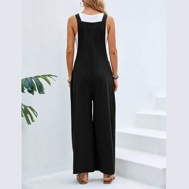 Women's Summer Cotton Linen Sleeveless Adjustable Straps Casual Bib Overalls Jumpsuits with Pockets