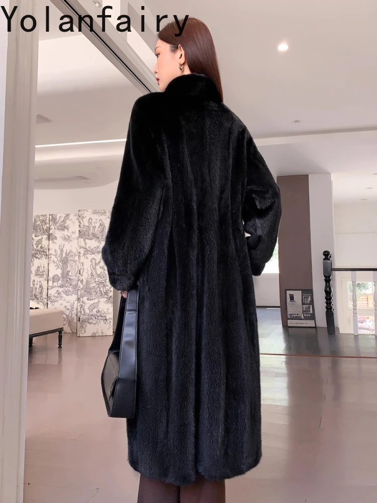 YOLANFAIRY معطف فرو طبيعي فاخر سترات منك للنساء شتاء 2025 معاطف فرو أسود حقيقي متوسط الطول من المينك الكامل بياقة واقفة