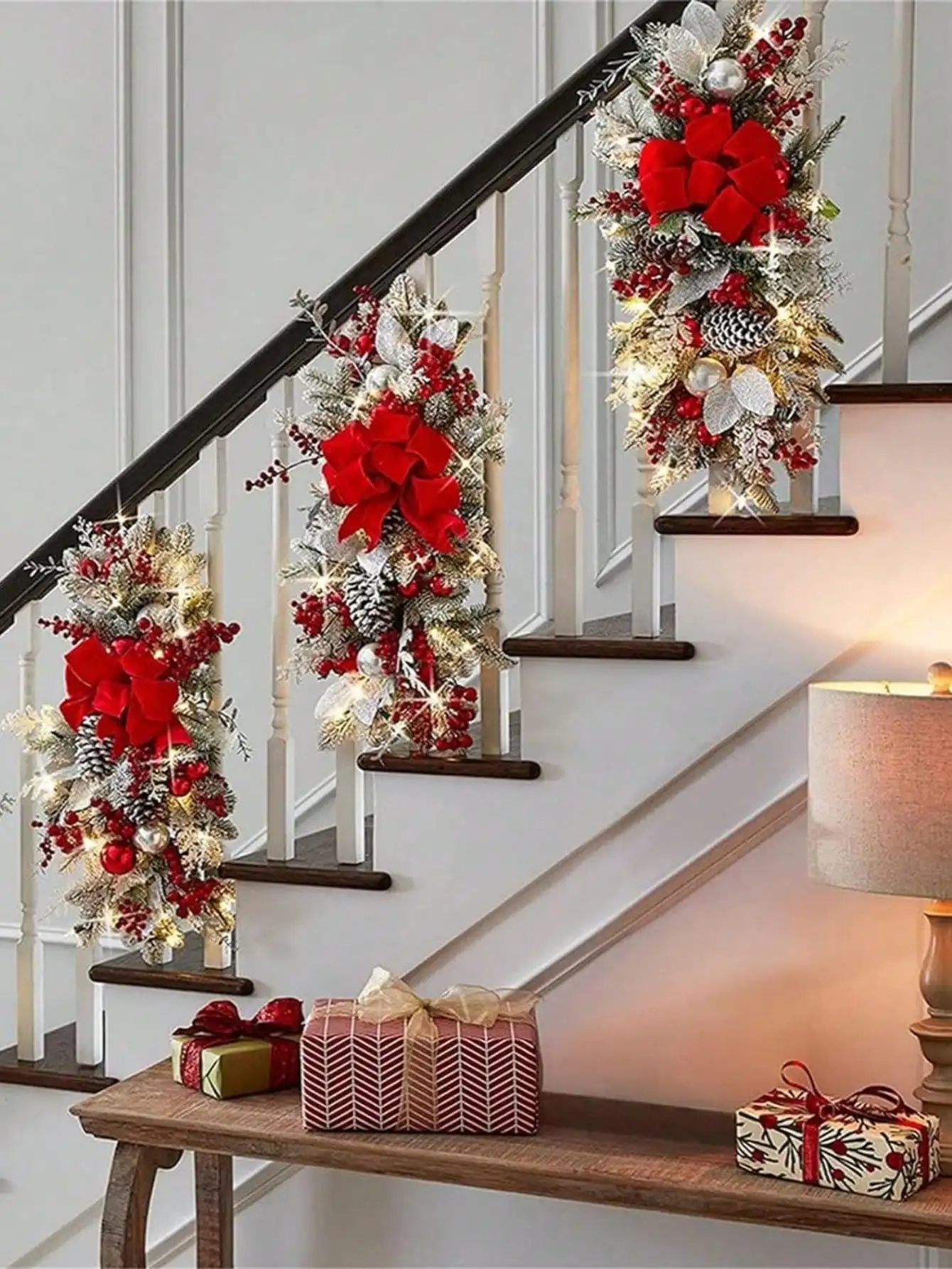 

1PC Christmas Swag With Lights, Artificial Christmas Wreath Garland For Stairs, For Home Party Shopwindow Stair Christmas Deco