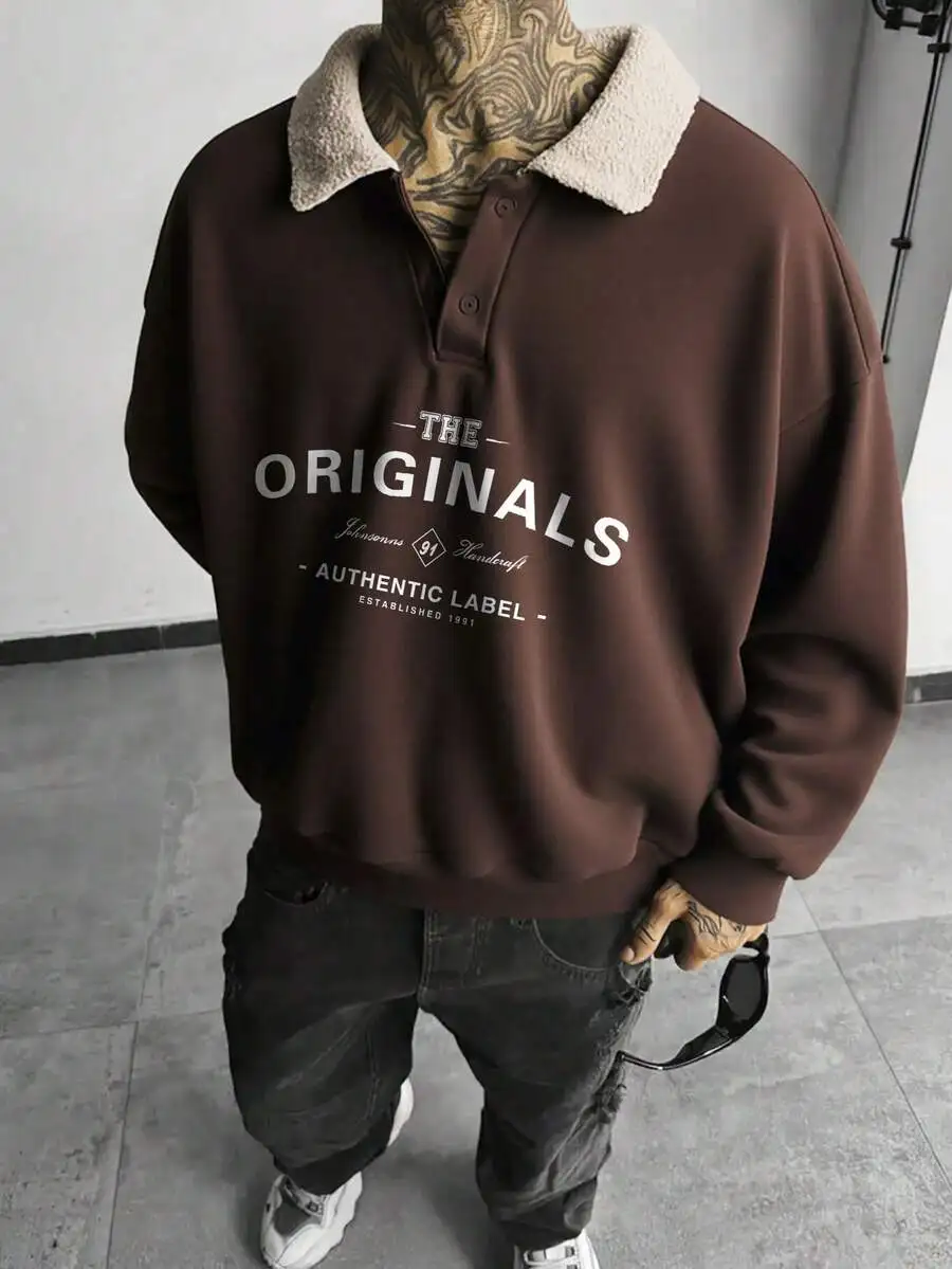 

Men's Brown Sherpa Collar Pullover Sweatshirt with Graphic Print, Loose Fit, Autumn Winter Casual Wear