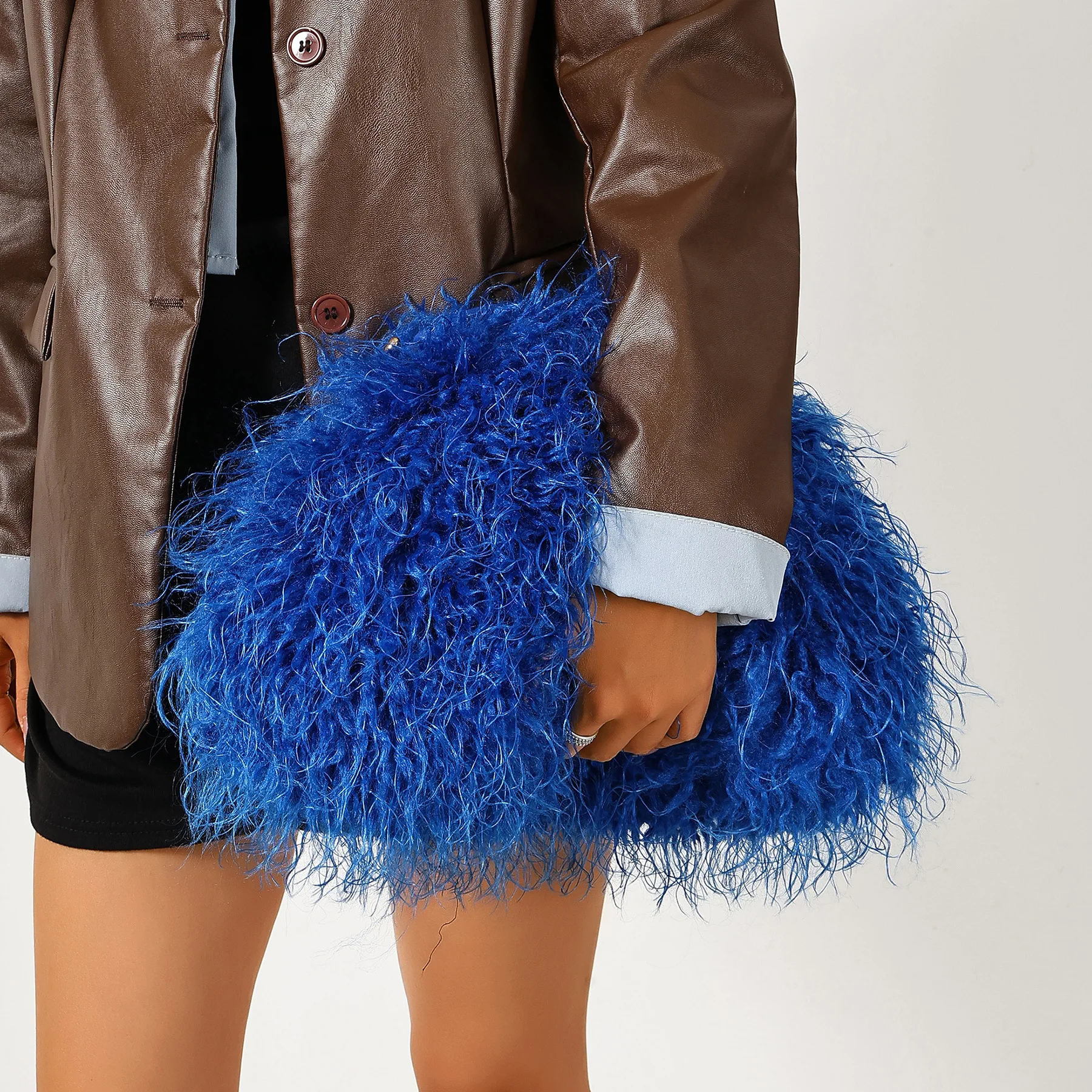 Women Faux Fur Drawstring Crossbody Bag Colorful Tie Dye Fluffy Mini Shoulder Bag Unique Party Statement Small Handbag