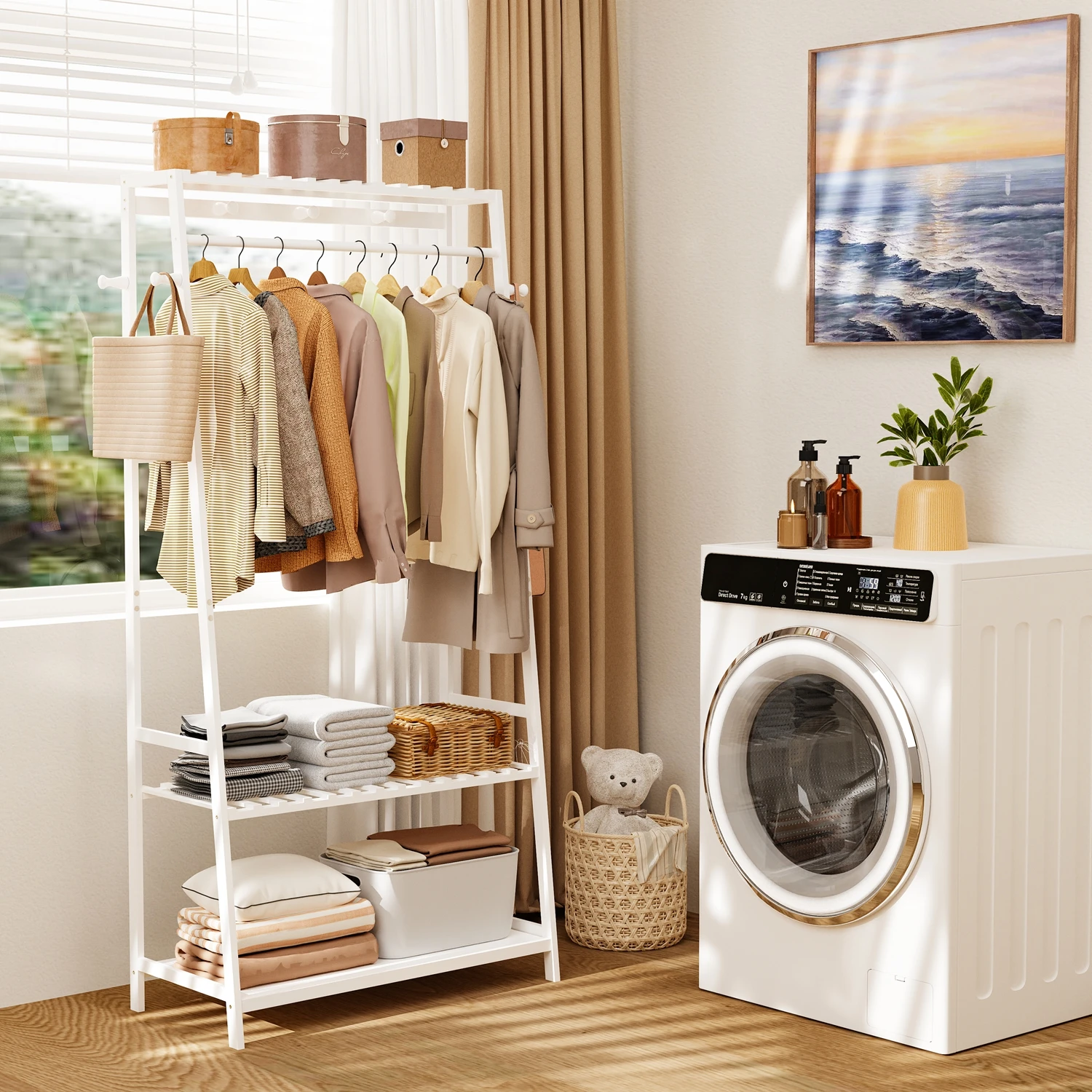 Bamboo Free Standing Clothes Rail Stand Garment Hanging Rack with Storage Shelf And 10 Hooks for Home Organization