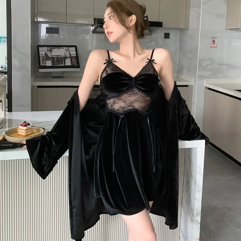 Velour Lace Nightgown 2PCS Robe Set Women Sleepwear Loungewear Spring Autumn Bathrobe Gown Suit Casual Velvet Kimono Homedress