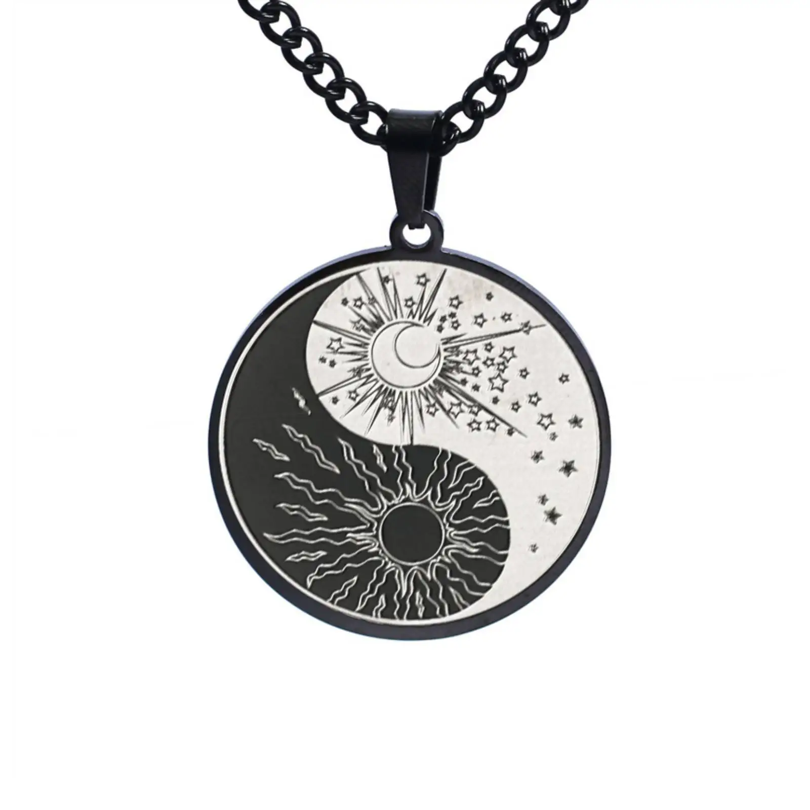 Yin Yang Sonne Mond Stern Anhänger Halskette Edelstahl Runder Anhänger Modeschmuck Geschenk für Frauen Männer – Detail 3