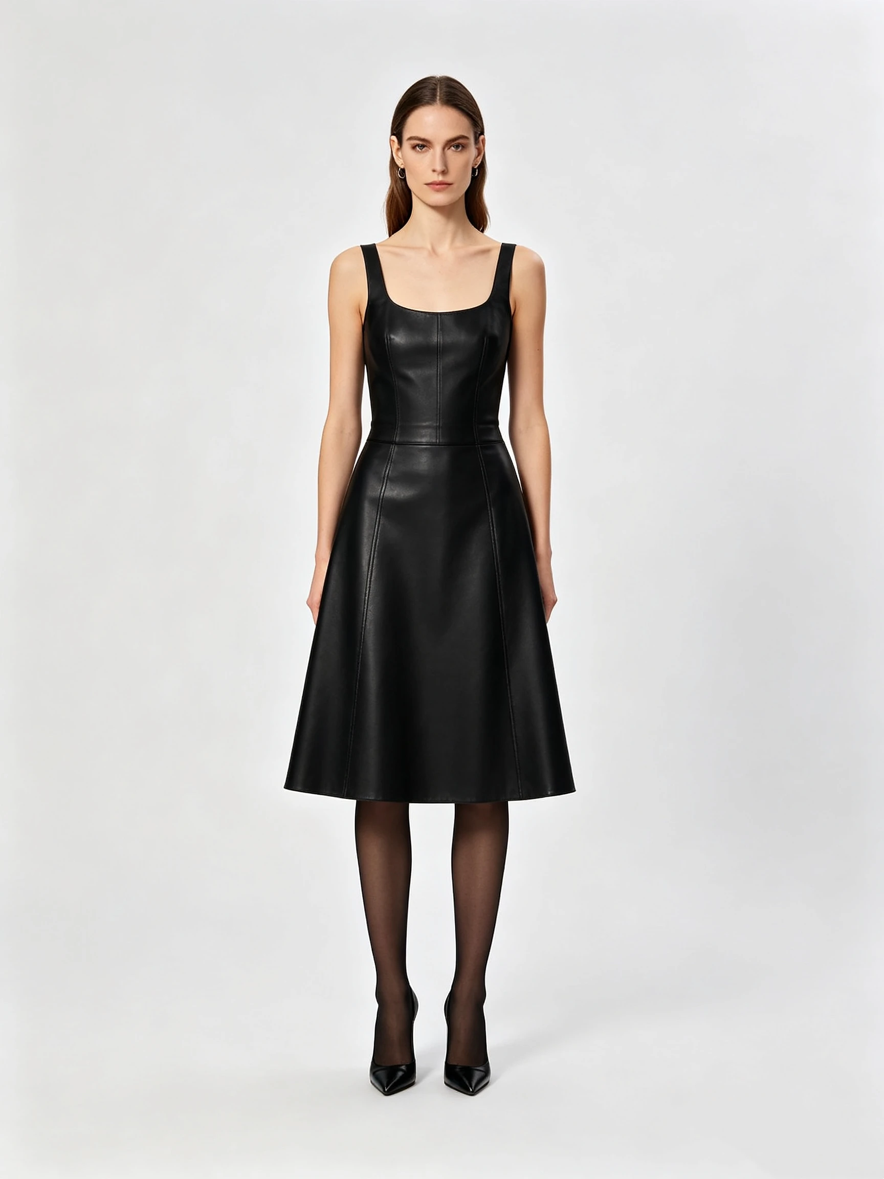Women's Faux Leather Square Neck Midi Dress with Wide Straps and A-Line Skirt