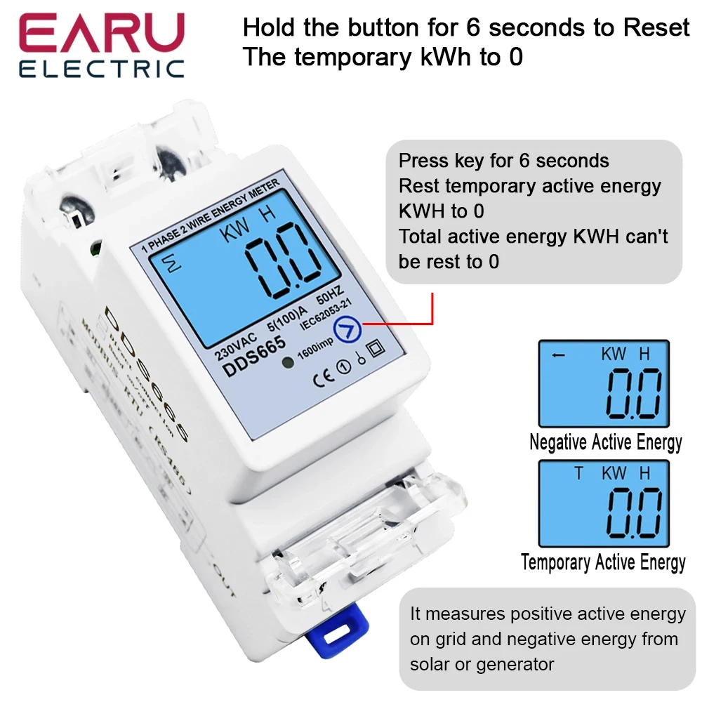 100A Multifunction Bi-Directional Energy Meter Reset Zero kWh Solar PV Power Voltage Current Frequency RS485 Communication 230V