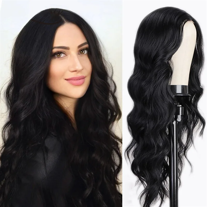 

Fashion black synthetic wig Big waves long curly hair fluffy long hair fashion high temperature silk wig full head cover