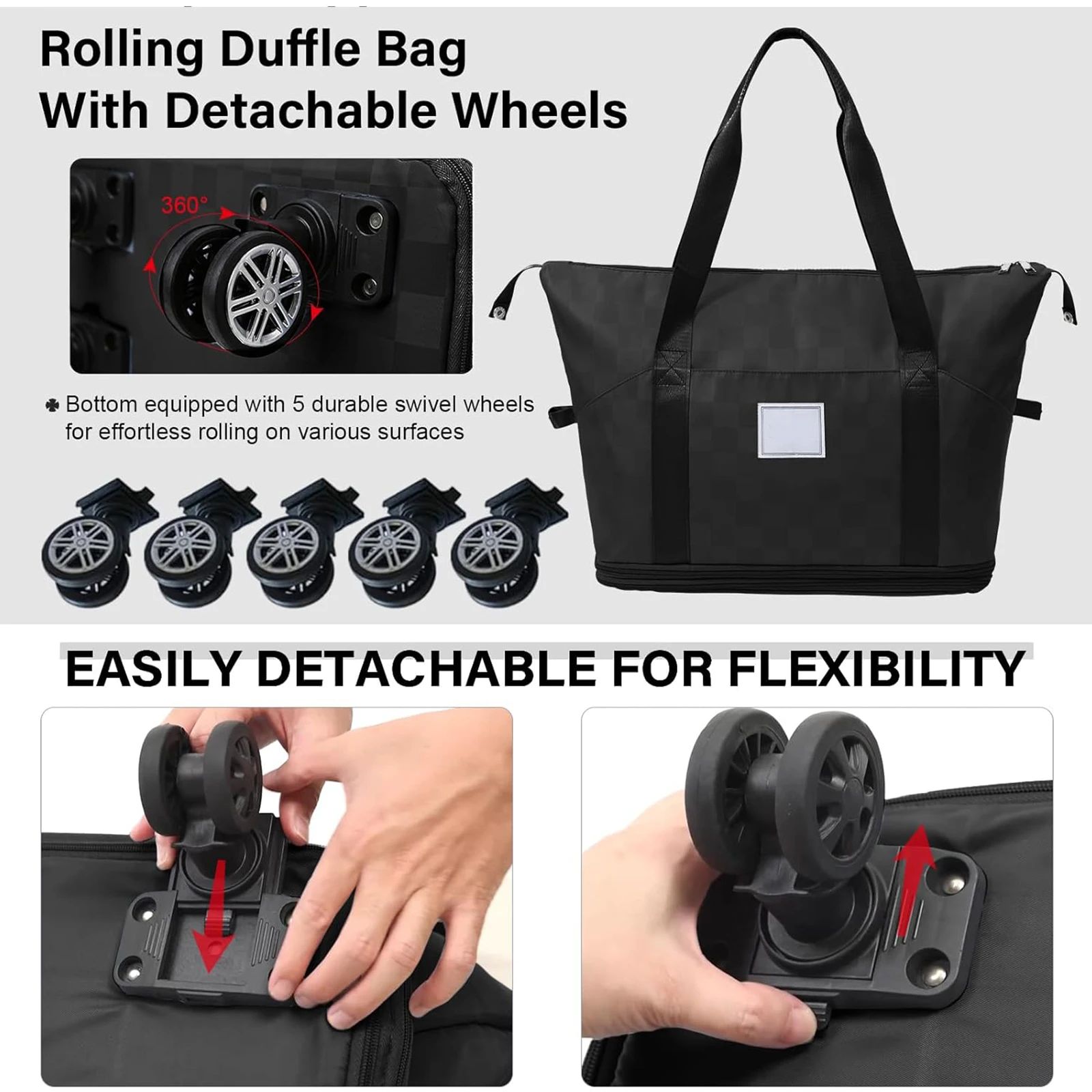 Expandable Foldable Rolling Duffel Bag With Wheels, Detachable Rolling Carry-On Luggage, Large Suitcase for Travel, Business