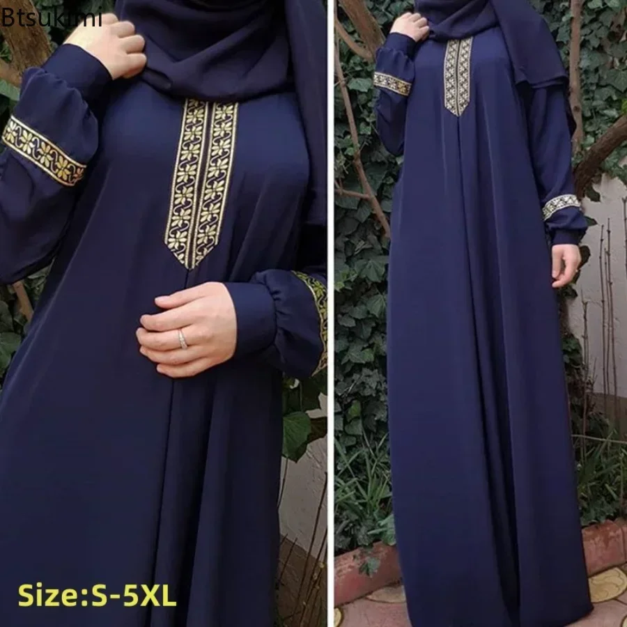 

Fashion Muslim Women's Long Sleeve Dress Ethnic Style Embroidery Casual Loose Panels Dubai Elegant Robe Middle East Arab Female