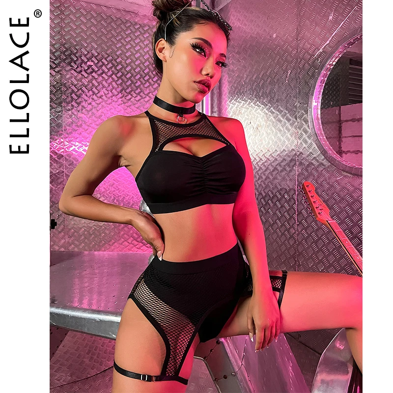 Ellolace Sexy Female Lingerie Fishing Net Patchwork Women\'s Underwear 4-Pieces Fancy Intimate Bra And Panty Garters Exotic Sets