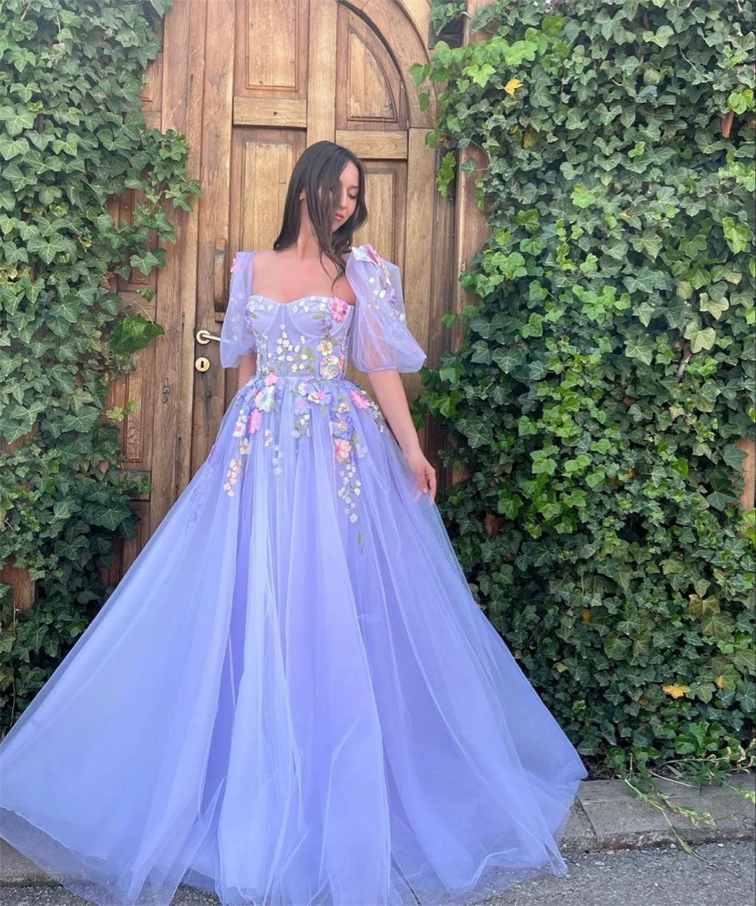 

Tulle Flowers Puff Sleeve Evening Dresses Square Collar A-line Luxurious Pleats Lace Prom Dress Women's Floor-Length Ball Gowns