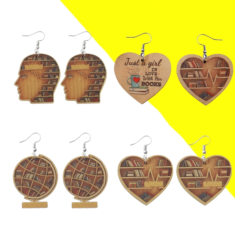 Hot Book Lovers Earrings Reader Librarian globe Brain Shelf Double sided Wooden Ear Rings Teachers ' Day Student Gift