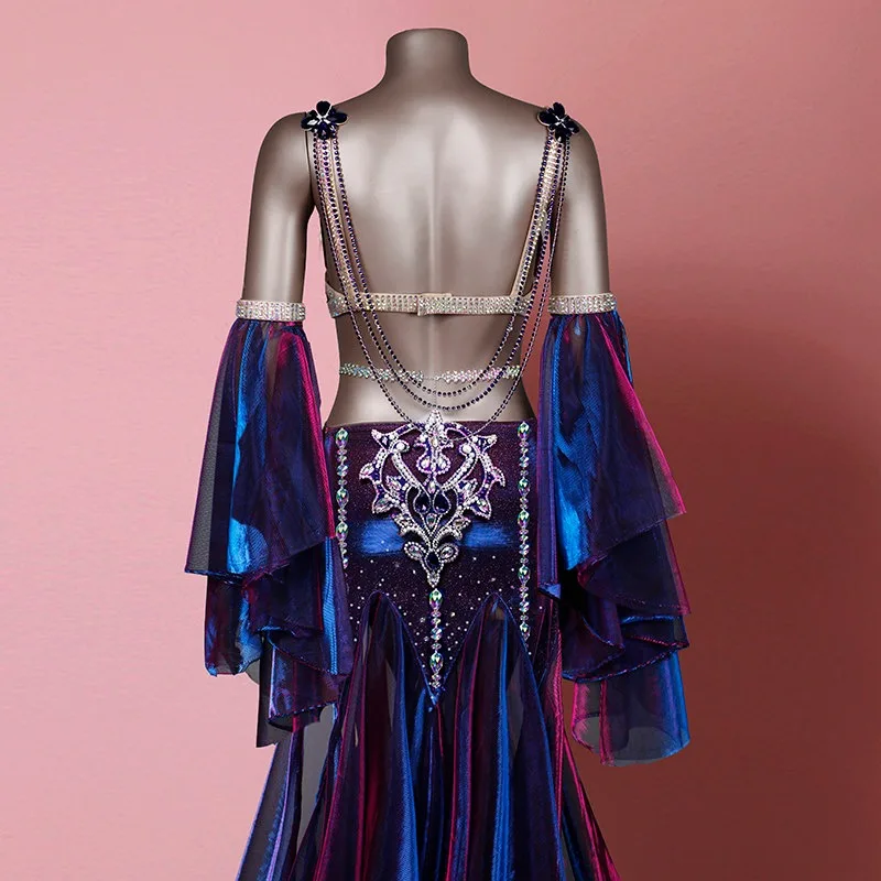 Customized Belly Dance Costumes Performance Dress Sparkling Colorful Fish Tail Long Dress Fairy Sleeve Set